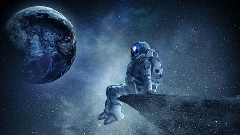 Astronaut Sitting on Edge of Cliff in Space Sci Fi Astronaut Earth Planet Sitting Space Art Outer Space