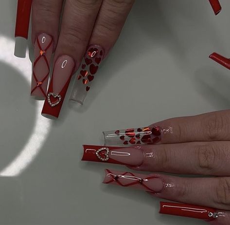 Vday Nails, Valentines Nail, Red Acrylic Nails, Nails Design With Rhinestones, Valentine Nails, Dope Nail Designs, Long Acrylic Nails Coffin, Long Square Acrylic Nails, Unique Acrylic Nails