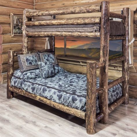 Handmade by Amish craftsmen, this twin over full pine log bunk bed is built to last a lifetime. Add some extra sleeping accommodations to your mountain cabin or country home with a piece of genuine Amish furniture. Log Cabin Bedroom, Log Bunk Beds, Twin Full Bunk Bed, Twin Over Full Bunk Bed, Cabin Bedroom, Wood Bunk Beds, Bunk Beds With Stairs, Woodworking Bed, Bunk Bed Designs