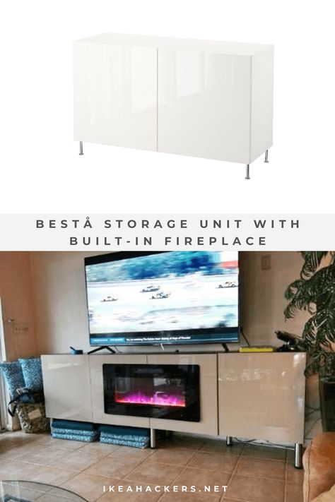 BESTÅ storage unit with built-in fireplace. Ikea Besta With Fireplace, Electric Fireplace Ikea Hack, Ikea Tv Wall Unit Ideas With Fireplace, Ikea Fireplace Hack, Ikea Hack With Electric Fireplace, Ikea Besta Fireplace, Ikea Fireplace Built Ins, Ikea Fireplace, Ikea Tv Wall Unit