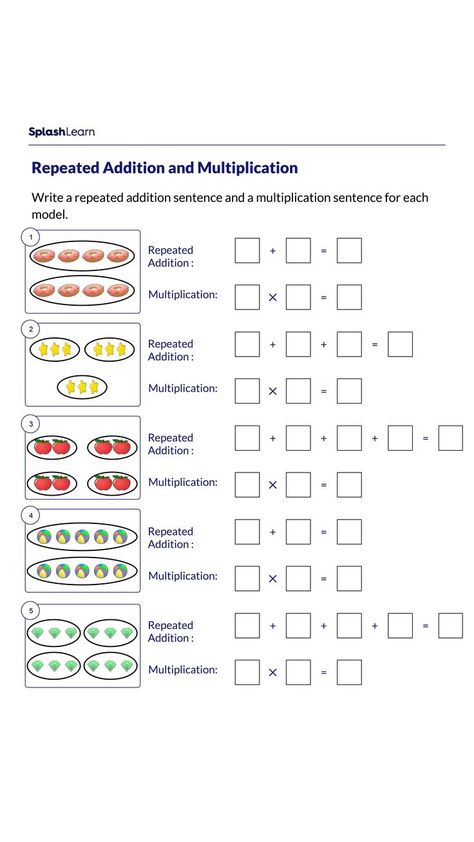 This worksheet is designed to develop an intuitive understanding of addition and multiplication by using visual-aid and completing sentences. These help children appreciate the relationship between addition and multiplication. Students will work with numbers within 10. #multiplicationworksheetsforkids #multiplicationmadeeasy #mathandaddition #additionworksheetsforkids /#additionmadeeasy #multiplicationworksheetsforfifthgraders #additionworksheetsforfifthgraders Addition And Multiplication Worksheets, Simple Multiplication Worksheets, Understanding Multiplication, Math Worksheets 2nd Grade, Repeated Addition Worksheets, Free Printable Multiplication Worksheets, Repeated Addition Multiplication, Array Worksheets, Multiplication And Division Worksheets