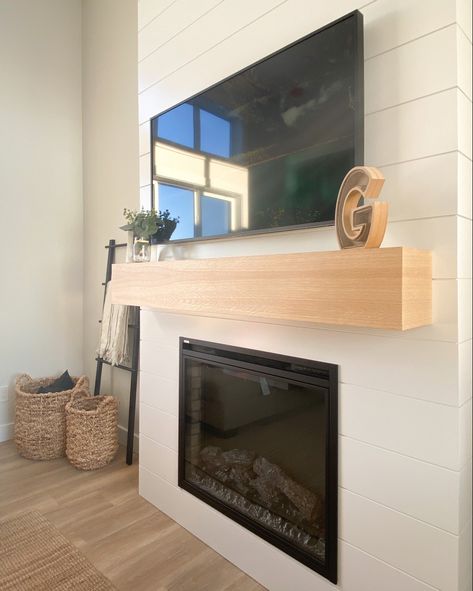 Custom built white oak mantle! Diy White Oak Mantle, White Floating Mantle, White Oak Mantel Fireplace, White Oak Mantle Fireplace, White Oak Fireplace Mantle, Oak Mantle Fireplace, White Oak Mantle, White Oak Fireplace, Maple Mantle