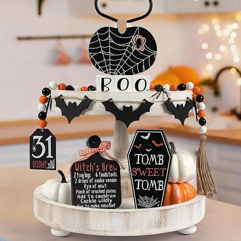 I personally love decor that combines with my minimalist and clean house 🏠 💗 Halloween should always be celebrated! Don't you just love this beautiful well design spooky decor? 👻 *** This post contains affiliate links, which means I earn a small commission if you make a purchase through the link. This comes at no additional cost to you and helps support the content I share. I only recommend products that I truly believe in. Thank you for your support! Pumpkin Signs, Wooden Halloween Signs, Halloween Tiered Tray Decor, Cute Halloween Decor, Decorating For Halloween, Miniature Sign, Spooky Halloween Decorations, Pumpkin Sign, Bead Garland