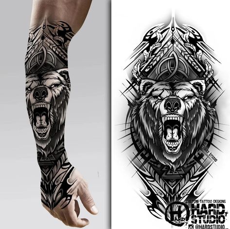 #forearm #nature #tattoo design #tattoo idea #bng design #bear #animal tattoo #nice tattoo #deer #forest #tattoo idea #hardstudio #moon #axe Shen Long Tattoo, Stammestattoo Designs, Roaring Bear, Warrior Tattoo Sleeve, Viking Warrior Tattoos, Viking Tattoo Sleeve, Bear Tattoo Designs, Wolf Tattoo Sleeve, Forearm Band Tattoos