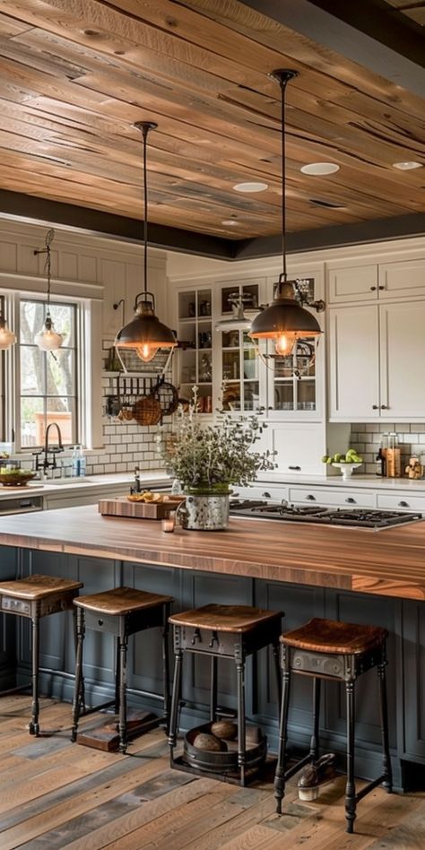 Kitchen Island And Stools, Cabin Style Kitchen Ideas, Farmhouse Kitchen Island With Stove, Cottage Kitchen With Island, Kitchen Remodel Farmhouse Style, Kitchen Island Wood Top, Kitchen Interior Farmhouse, Barn Style Kitchen, Farmhouse Kitchen Island With Seating