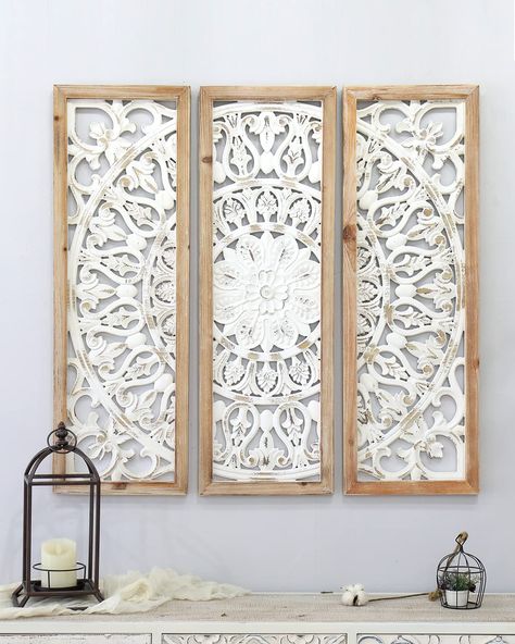 Carved Wood Wall Decor, Dark Brown Walls, Carved Wall Decor, Country Cottage Interiors, Cottage Wall Decor, Cottage Interior, Floral Wall Decor, Wood Panel Walls, Wall Decor Set