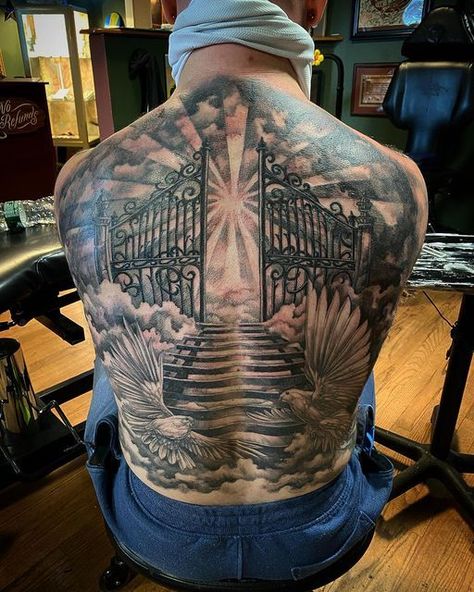 Stairway to Heaven Tattoo. Heaven Back Tattoo, Religious Back Tattoo, Back Sleeve Tattoo, Heaven Tattoos For Men, Half Back Tattoo Men, Men’s Back Tattoo, Chest Tattoo Clouds, Half Back Tattoo, Honor Tattoo