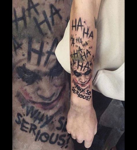 Joker Tattoo Arm, Joker Arm Tattoo, Ha Ha Ha Joker Tattoo, Why So Serious Tattoo, Calf Tattoos For Women, Tatts Ideas, Hahaha Joker, Pop Culture Tattoos, Shortish Hair