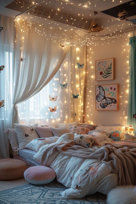 29 Boho Bedroom with Curtain Lights ideas: Create a Magical Atmosphere Curtain Lights Ideas, Girls Shared Bedroom, Wonderland Bedroom, Fairy Lights Room, Indoor Tents, Eclectic Maximalism, Shared Girls Bedroom, Bohemian Style Interior, Light Girls