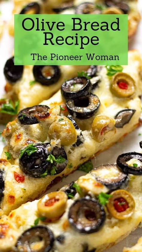 Pioneer Woman Olive Bread Easy Olive Cheese Bread Appetizer, Olive Loaf Bread Pioneer Woman, Ree Drummond Olive Cheese Bread, Cheesy Olive Bread Pioneer Woman, Ree Drummond Fried Olives, Olive French Bread, Cheesy Olive Garlic Bread, Olive Cheese Bread Appetizers, French Bread With Olive Oil