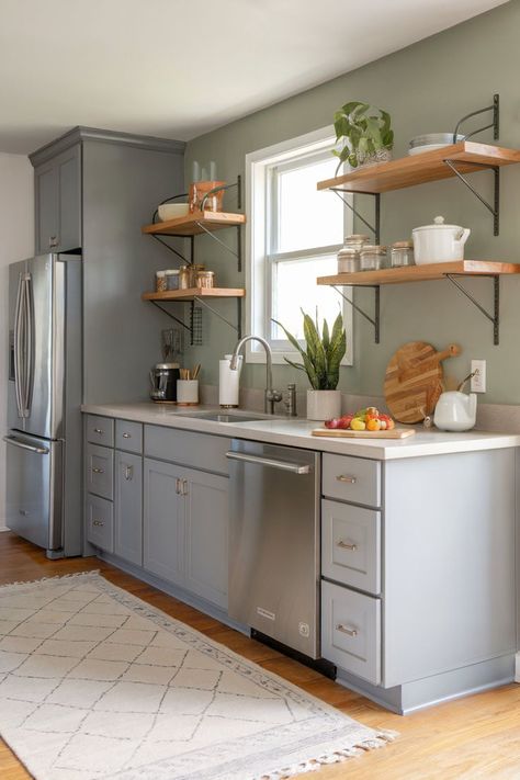 A cozy kitchen featuring sage green walls complemented by sleek grey cabinets. Grey And Green Kitchen Ideas, Sage Green And Grey Kitchen, Kitchen Sage Green, Sage Green Kitchen Walls, Sage Green Decor, Green Kitchen Walls, Green Kitchens, Sage Kitchen, Sage Green Kitchen