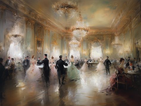 "\"The Ball at Netherfield\"  Bring the beauty and grace of Regency England into your home with this painting of an elegant ball. This is a lovely Impressionist piece that would fit with both traditional and modern interiors.  DIGITAL FILE: Please note this is a digital painting and no physical product will be shipped. Once you have purchased your artwork, you will receive a confirmation email from Etsy with a download link. You can also access your downloads at any time under Purchases in your Ballroom Painting, Modern Regency Interior, Bridgerton Painting, Regency Artwork, Regency Paintings, Modern Regency, Regency Ball, Painting Dancing, Regency Art