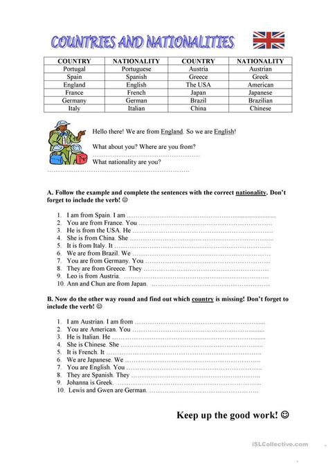 Countries / Nationalities - English ESL Worksheets for distance learning and physical classrooms Countries And Nationalities Worksheet, Esl Projects, Verb Vocabulary, Verb To Be, Simple Present, English Exercises, Language Worksheets, The Verb, English Grammar Worksheets