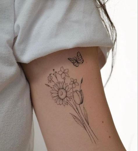 Tulip Sunflower Tattoo, Tulip Butterfly Tattoo, Tulip And Sunflower Tattoo, Sunflower And Tulip Tattoo, Butterfly Landing On Flower Tattoo, Sunflower Rose Tattoo, Sunflower And Rose Tattoo, Jasmine Flower Tattoo, Ruby Tattoo