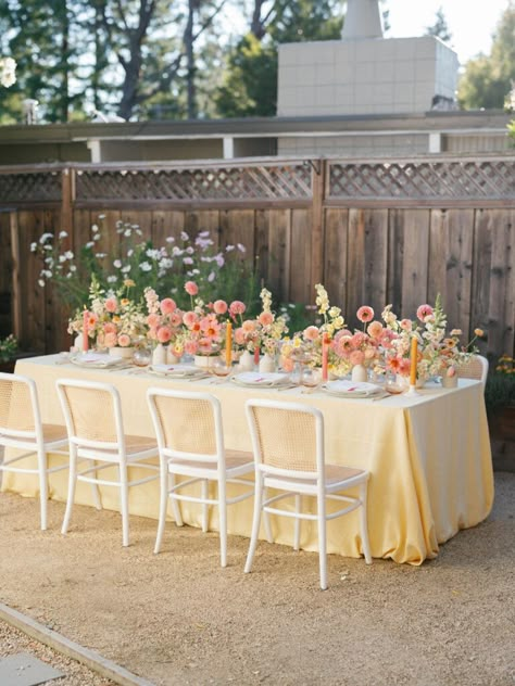 A Summer Bridal Shower Brunch | meagbreanneevents.com Malibu Vibes, Bridal Garden Party, Pink Yellow Weddings, Backyard Garden Party, Tapper Candles, Table Florals, Bridesmaid Luncheon, Summer Bridal Showers, Brunch Table