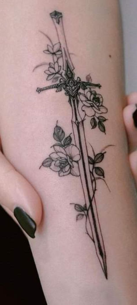 Technoblade Inspired Tattoos, Minimalist Witchy Tattoos, Dagger With Flowers Tattoo, Flower Wrap Tattoo, Back Of Arm Tattoos For Women, Female Collar Bone Tattoos, Apothecary Tattoo, Sjm Tattoos, Feminine Dagger Tattoo