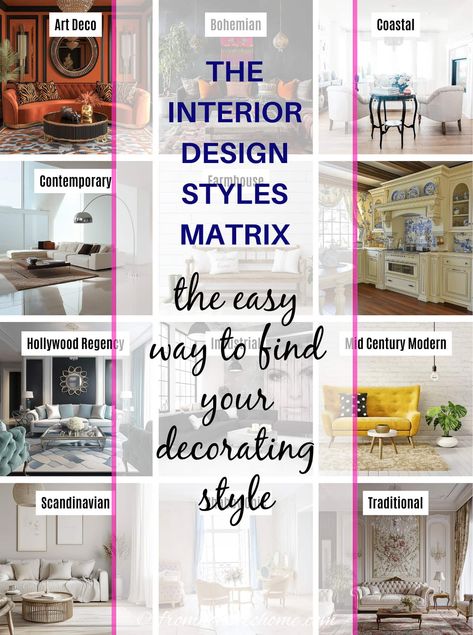 The interior design styles matrix: The easy way to find your decorating style Finding Your Interior Design Style, Find Your Home Decor Style Quiz, What Is My Home Decor Style Quiz, What Is My Design Style Quiz Home Decor, What Is My Decor Style, How To Find Your Home Decor Style, What Is My Style Quiz Interior Design, Different Design Styles Interiors, Decor Styles Types Of