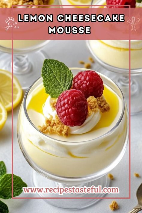 Enjoy the light and tangy flavors of this delightful Lemon Cheesecake Mousse. Creamy, zesty, and topped with fresh fruit, this easy-to-make dessert is perfect for any occasion! Mouse Dessert Recipes, Fruit Mousse Recipes, Lemon Cheesecake Mousse, Mouse Dessert, Lemon Mousse, Cheesecake Mousse, Cream Cheese Eggs, Easy To Make Desserts, Mousse Recipes