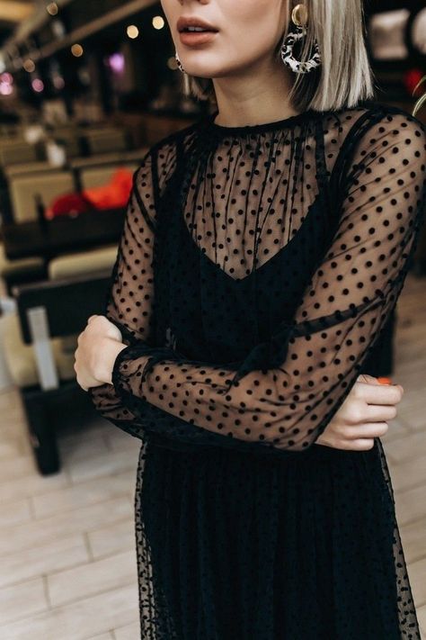 Spring Trends Worth Trying | Damsel In Dior black polka dot sheer dress high neck full sleeves layers Black Dress Outfits, Mode Casual, Black Women Fashion, Looks Chic, Spring Trends, Looks Style, Mode Inspiration, Sheer Dress, Outfits Casuales