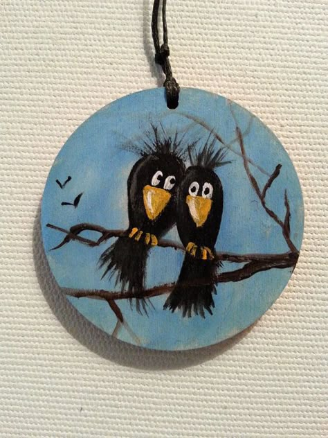 Cartoon Crow, Two Crows, Crow Jewelry, Crow Necklace, Raven Jewelry, Painted Necklace, Inspirational Rocks, Hand Painted Necklace, Rock Painting Tutorial