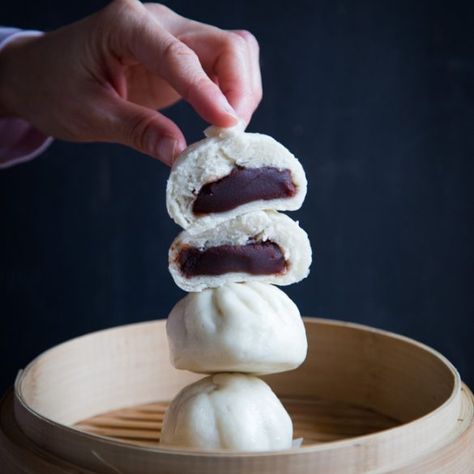 Dou Sha Bao (Red Bean Paste Steamed Buns) Red Bean Paste Dumplings, Red Bean Dumplings, Dou Sha Bao, Sweet Red Bean Bun, Red Bean Bao Buns, Steam Buns, Sweet Red Bean Paste, Bamboo Steamer, Sweet Red Bean