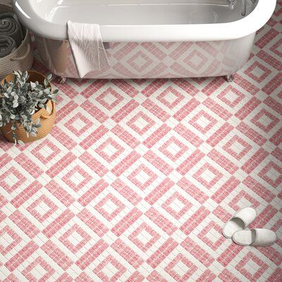 Unique Floor Tiles, Fun Floor Tile, Renter Friendly Floor, Checkered Kitchen Tile, Pink Penny Tile, Pink Floor Tile, Craftsman Mosaic Tile, Pink Floor Tiles, Stone Tile