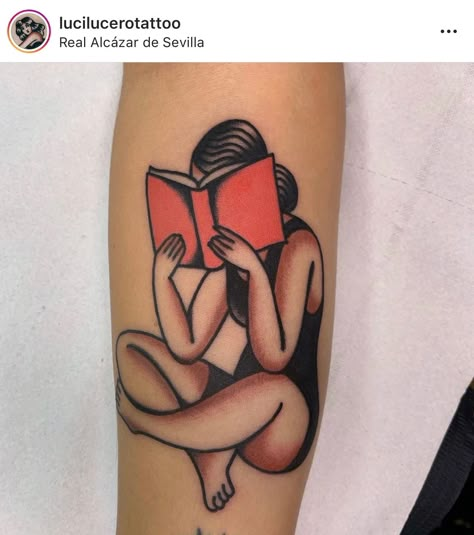 Books Tattoo Traditional, Book American Traditional Tattoo, Traditional Style Book Tattoo, Book Tattoo American Traditional, American Traditional Book Tattoo, Traditional Book Tattoo, Bookish Tattoo Ideas, Reading Tattoo, Traditional Tattoo Woman