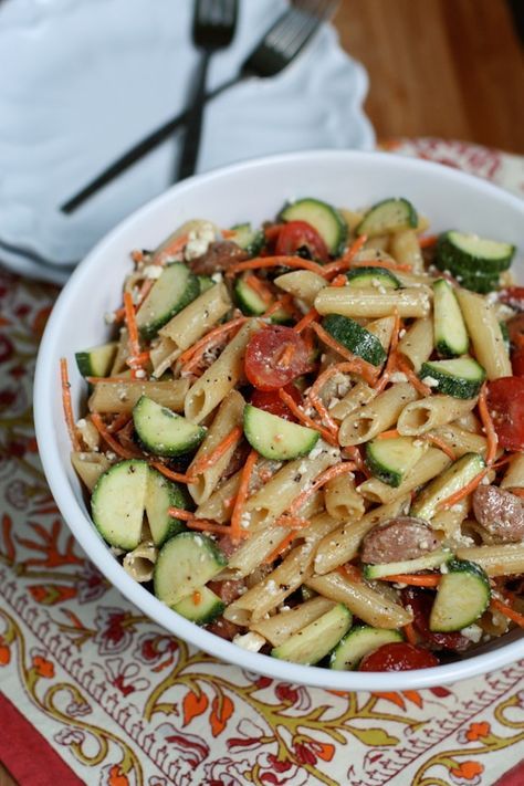 Garden Pasta Salad with Chicken Sausage | Aggie's KItchen Sausage Pasta Salad, Pasta Salad Chicken, Pasta Salad With Chicken, Zucchini Shredded, Carrots Chicken, Garden Pasta Salad, Sausage Salad, Chicken Sausage Pasta, Garden Pasta