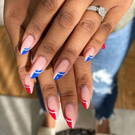 Yasmin Rossy on Instagram: "Buffalo bills inspired 🦬❤️💙 . . . . #buffalobillsnails #buffalobills #buffalobillainspired #footballteamcolors #footballseason #halffrenchnails #frenchtips #handpaintednailart #nailart #nailartist #nailinspo #nailinspiration #structuregel #structuredmani #structuredmanicure #luminary #luminarynailsystems #nailtech #almondnails #naturalnails #naturalnailgoals #botanicanailstudio #rochesterny #rochesternynails #tochesternynailtech" Buffalo Nails, Bills Nails, Buffalo Bills Nails, Buffalo Bill, Painted Nail Art, Bow Ring, Nail Studio, Dope Nails, Buffalo Bills