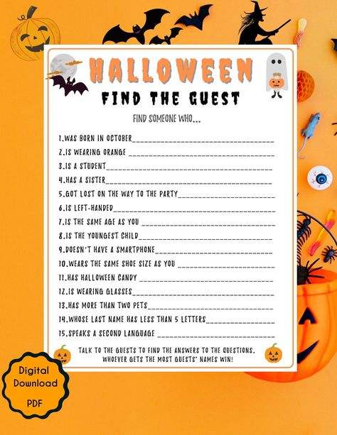 "Halloween Find The Guest Game | Spooky Halloween Printable Game | PDF | Scary Witch | Zoom l Halloween Party Game l Adults Kids Party Game l Easy to print at home and fun to play! NO PHYSICAL PRODUCT WILL BE SHIPPED ★ WHAT YOU GET ★ Halloween Find The Guest Game <2 PDF Files> PDF Files with White Background : * 1 game Card on 8.5x11 inch page *2 game Cards on 8.5 x 11-inch page with Crop marks ( easy cut!) ★ Get The Bundle★ Halloween 5 Game Bundle: https://www.etsy.com/listing/1064795909 Witch Games For Adults, Witch Party Games For Adults, Halloween Themed Games For Adults, Halloween House Party Games, Halloween At Home Ideas For Kids, Fun Halloween Party Games For Kids, Kids Halloween Party Ideas Games, Kids Halloween Party Activities, Easy Party Games For Adults