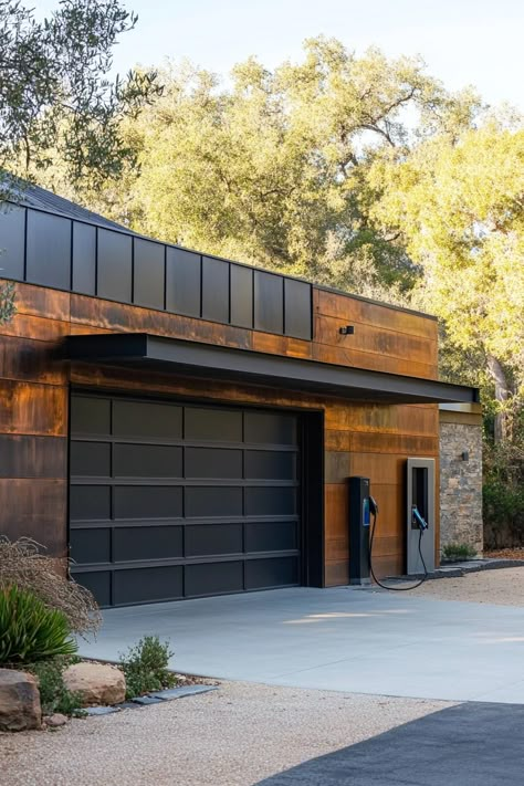 Open Garage Attached To House, Adding Garage To Existing House, Rv Garage Ideas, 3 Door Garage, Modern House Garage, Modern Garage Doors Ideas, Garage Building Ideas, Garage House Design, Garage Architecture