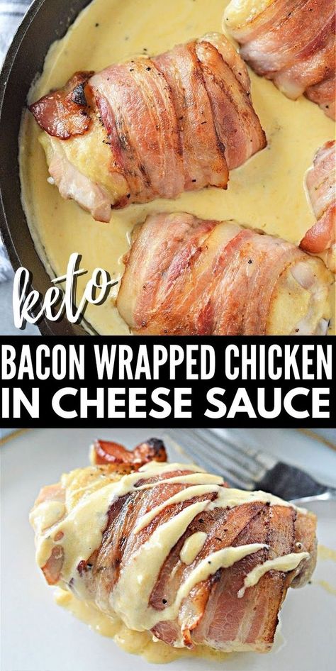 Keto Bacon Wrapped Chicken In Cheese Sauce - Crispy bacon wrapped around juicy chicken thighs, with a creamy cheddar cheese sauce on the side. A low carb keto dinner your whole family will enjoy! #keto #ketorecipes #Ketodiet #Ketobaconwrappedchicken #chickenincheesesauce #chicken #baconwrapped #ketocheesesauce #dinner #food #recipes Keto Bacon Recipes, Dinner Ideas With Chicken Thighs, Keto Bacon Wrapped Chicken, Keto Recipes With Bacon, Bacon Wrapped Chicken Thighs, Bacon Wrapped Peppers, Low Carb Keto Dinner, Wrap Chicken, Bacon Wrapped Pork Chops