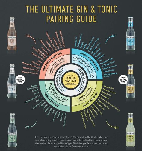 Gin pairing graph from https://www.fever-tree.com/pairing-wheel Gin Drink Recipes, Gin O Clock, Gin Tasting, Gin Drinks, Gin Bar, Tasting Party, Alcohol Bottles, Party Food And Drinks, Tonic Water