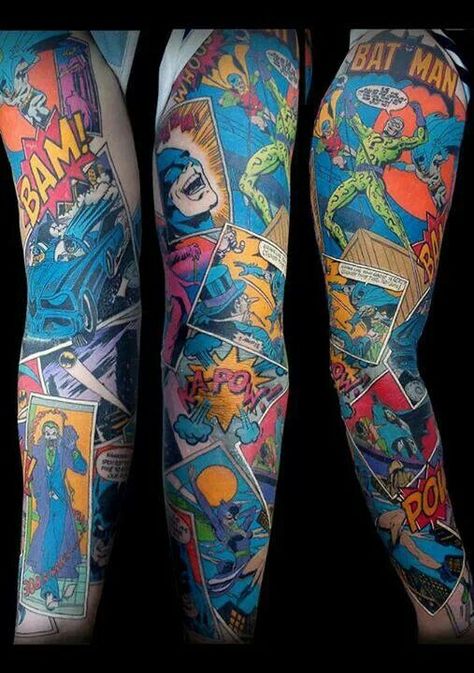 Comic panel sleeve Batman Sleeve, Super Hero Tattoos, Book Tattoo Ideas, Colorful Sleeve Tattoos, Comic Book Tattoo, Hero Tattoo, Tattoo Sites, Colorful Tattoos, Comic Tattoo