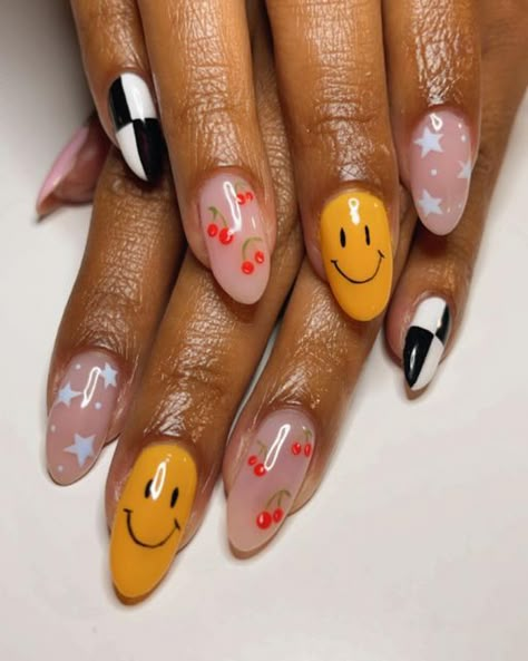 Black And White Smiley Face, Mix Match Nails, Checkered Nails, Retro Nails, Hippie Nails, Cherry Nails, Happy Nails, Colorful Nails, Cute Gel Nails