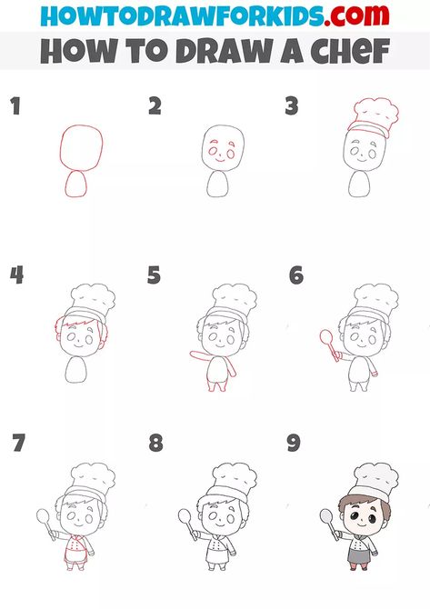 How to Draw a Chef - Easy Drawing Tutorial For Kids Chef Drawing Easy, Envelope Fundraiser, Jobs Drawing, Cooking Drawing, Tiny Doodles, School Drawing, Drawing Pictures, Easy Cartoon Drawings, Directed Drawing