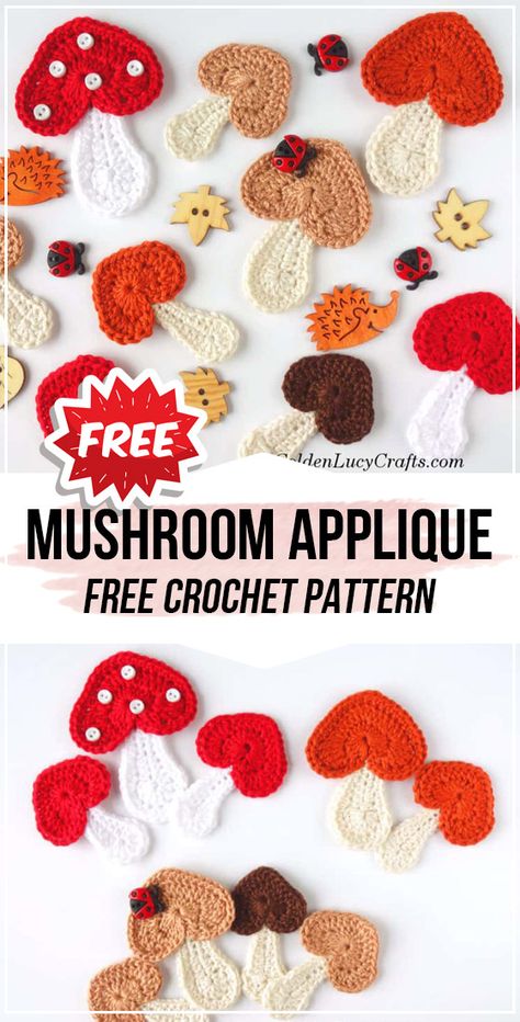 crochet Mushroom Applique  free pattern - easy crochet amigurumi pattern for beginners Crochet Mushroom Applique, Mushroom Applique, Crochet Applique Patterns Free, Crochet Appliques, Crochet Mushroom, Crochet Blanket Designs, Crochet Motif Patterns, Stitch Marker, Crochet Diy