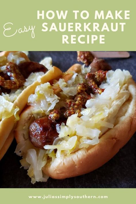 How to make fermented sauerkraut with just two simple ingredients. Enjoy tangy healthy homemade sauerkraut with many dishes. #fermentedfoods #canning #preservingfood #selfreliant #cabbage #sauerkraut #juliassimplysouthern Brats And Sauerkraut, Chili Cheese Hot Dog, Grilled Bratwurst, Grilled Brats, Baked Dish, Brats Recipes, Make Sauerkraut, Bratwurst Recipes, Grilling Hot Dogs