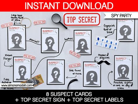 Spy Secret Agent Party Decorations - Suspect Cards, Top Secret Sign & Labels - INSTANT DOWNLOAD with EDITABLE text you personalize Secret Agent Theme, Geheimagenten Party, Dinner Party Favors, Secret Agent Party, Spy Birthday Parties, Detective Party, Code Secret, Spy Party, Mystery Dinner