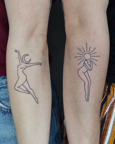 Coolest Forearm Tattoos Sun And Moon Dancing Tattoo, Dancing Sun Tattoo, Dancing Moon Tattoo, Matching Dance Tattoos, Small Coordinating Tattoos, Song Lyrics As Tattoos, Dancing Under The Moon Tattoo, Unique Friend Tattoos, Figure Tattoos For Women