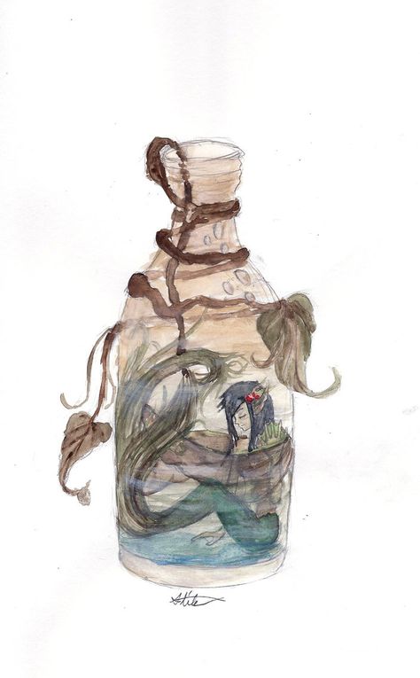 Mermaid in a Bottle : the bottle would be taller to fit both mermaid and scuba diver Mermaid In A Jar, Mermaid In A Bottle, Jar Drawing, Mermaid Things, Diver Tattoo, Jar Painting, Be Taller, Contest Ideas, Rock Poster Art