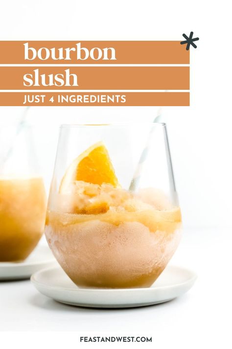 This delicious bourbon slush is easy to make and serves a big group. Make it ahead and freeze it for the ultimate frozen cocktail. Frozen Bourbon Slush, Bourbon Slushies Slush Recipes, Whiskey Slush Frozen, Bourbon Slush Recipe With Tea, Whisky Slush, Derby Snacks, Bourbon Slushies, Bourbon Slush Recipe, Whiskey Slush