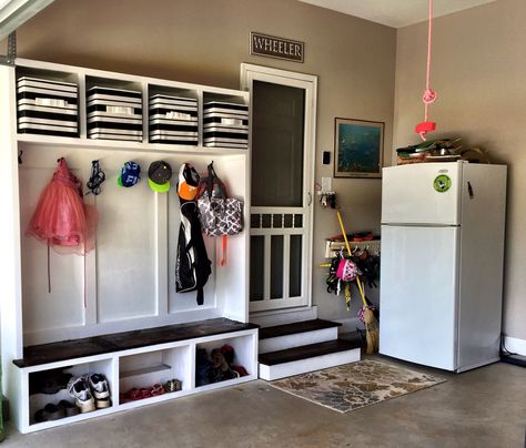 Garage entry Garage Mud Room Diy, Garage House Entry, Garage Entry Organization Ideas, Garage Mudroom Ideas Diy Small Spaces, Mud Room In Garage Ideas Diy, Garage Mud Bench, Drop Zone Garage Entry, Garage Entry Storage, Garage Wall Shoe Storage