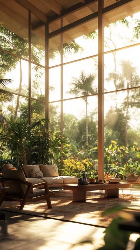 A charming tropical house with expansive windows overlooking vibrant gardens Tropical House Exterior, Large Glass Windows, Tropical House, Big Windows, Garden View, Black Glass, Glass Window, Beautiful Gardens, Home Organization