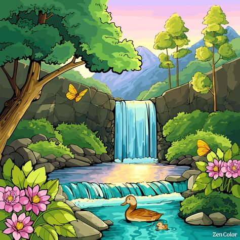 Beautiful Scenery Drawings Easy, Nature Landscape Drawing Easy, Scenery Painting Easy, Drawing Art Lessons, Easy Nature Drawings, Beautiful Scenery Drawing, Waterfall Drawing, Landscape Drawing Easy, Easy Scenery