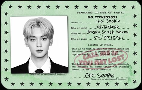 tomorrowxtogether txt soobin call me if you get lost licence id card Txt School Id, Soobin Ipad Wallpaper, Call Me If You Get Lost Kpop, Kpop Id Card, Soobin Poster, Toploader Fillers, Txt Poster, Quote Banner, Photo Widget