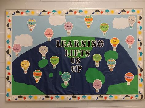 Learning lifts us up! Elementary school bulletin board Hot Air Balloon Bulletin Board, Balloon Bulletin Board, Elementary School Bulletin Boards, Diy Classroom Decorations, Diy Classroom, School Bulletin Boards, Preschool Lessons, Lesson Ideas, Teacher Life