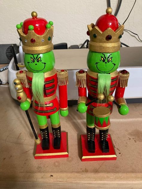 Diy Grinch Nutcracker, Unique Nutcrackers, Grinch Nutcracker, Grinch Nutcracker Diy, Painted Nutcracker Diy Wood, Green Nutcracker, Nut Cracker Diy Painting, Wooden Nutcracker Painting Ideas, Diy Christmas Village Displays