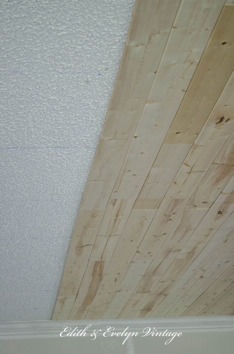 plank a popcorn ceiling with lightweight tongue and groove wood planks. Plank Ceiling, Popcorn Ceiling, Basement Ceiling, Wood Ceilings, Updating House, Home Repairs, The Ceiling, Basement Remodeling, Diy Home Improvement