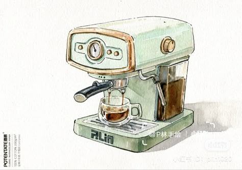 Coffee Machine Sketch, Coffee Machine Illustration, Coffee Art Painting, Teal Art, Coffee Drawing, Everyday Art, Comic Drawing, Magical Art, Watercolor Art Lessons